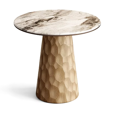 Stylish Side Table with Marble Top and Honeycomb Textured Light Wooden Base for Interior Decor 3d model