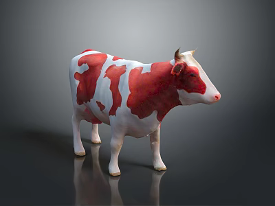 Red and white cow 3D model standing on dark reflective surface with details 3d model