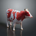Red and white cow 3D model standing on dark reflective surface with details 3d model