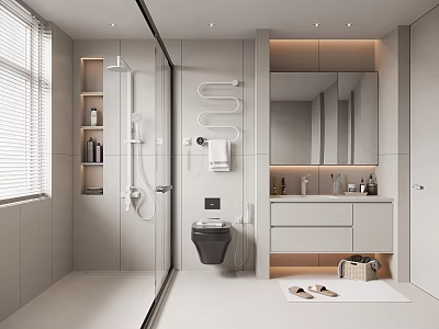 Modern Bathroom Interior With Glass Shower Enclosure Wall Mounted Toilet Vanity Mirror And Shelves 3d model