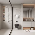 Modern Bathroom Interior With Glass Shower Enclosure Wall Mounted Toilet Vanity Mirror And Shelves