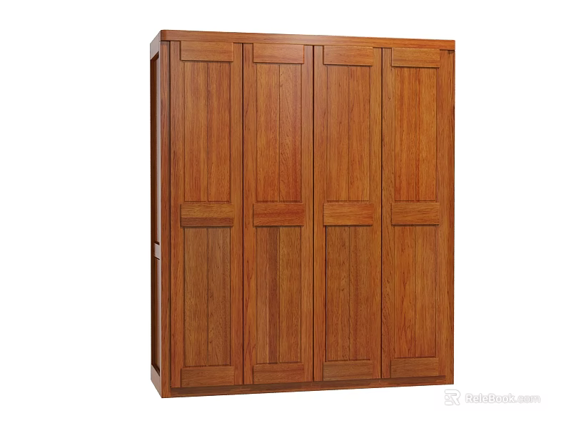 Solid Wooden Four Door Wardrobe with Classic Brown Finish and Simple Design 3d model 