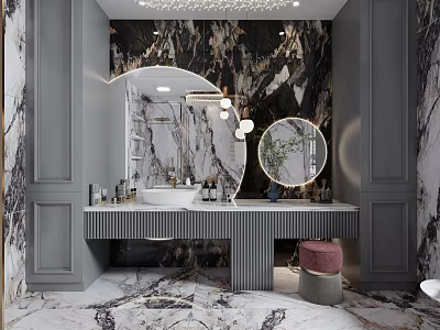 Elegant Bathroom Interior Design With Marble Walls Vanity Round Mirror And Lighting Fixtures 3d model