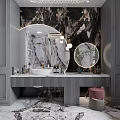 Elegant Bathroom Interior Design With Marble Walls Vanity Round Mirror And Lighting Fixtures
