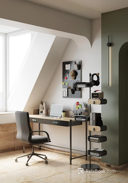 Cozy Attic Study Room With Sloped Ceiling Window Desk Laptop Grey Chair Pegboard And Wooden Shelves 3d model 