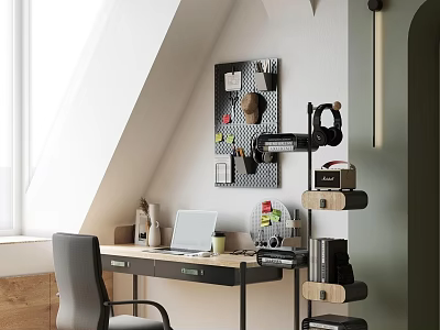 Cozy Attic Study Room With Sloped Ceiling Window Desk Laptop Grey Chair Pegboard And Wooden Shelves 3d model