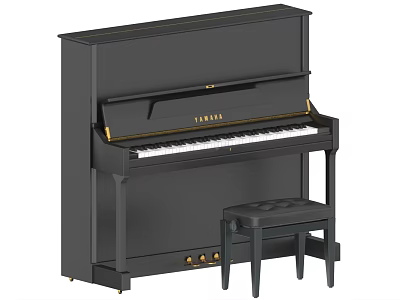 Black Yamaha Upright Piano With Matching Piano Bench For Musical Instrument 3d model