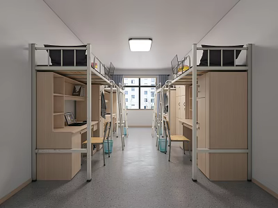 Modern Dormitory Room With Bunk Beds Desks Cabinets Windows And Gray Floor 3d model