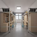 Modern Dormitory Room With Bunk Beds Desks Cabinets Windows And Gray Floor