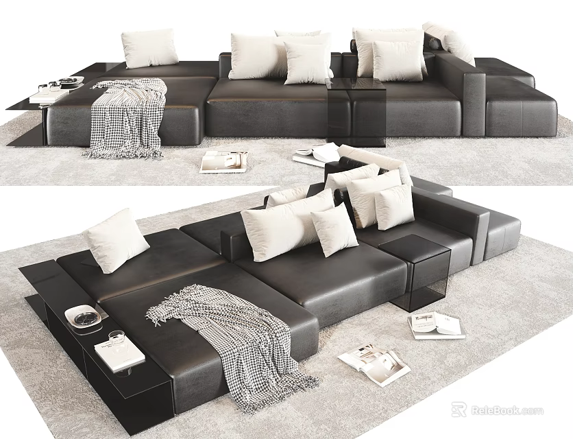 Plush Black Leather Sectional Sofa With Soft Pillows Side Tables And Cozy Living Room Setup 3d model 