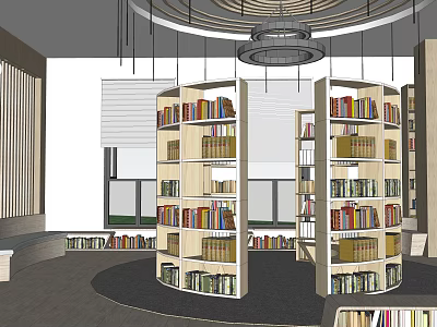 Public Office Space with Circular Bookshelves Filled with Books and Natural Light from Windows 3d model