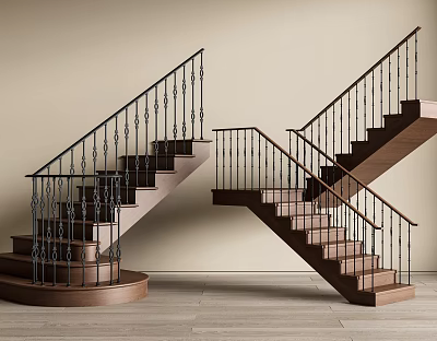 Elegant Wooden Stairs With Black Iron Railings Light Colored Walls And Wooden Floor 3d model