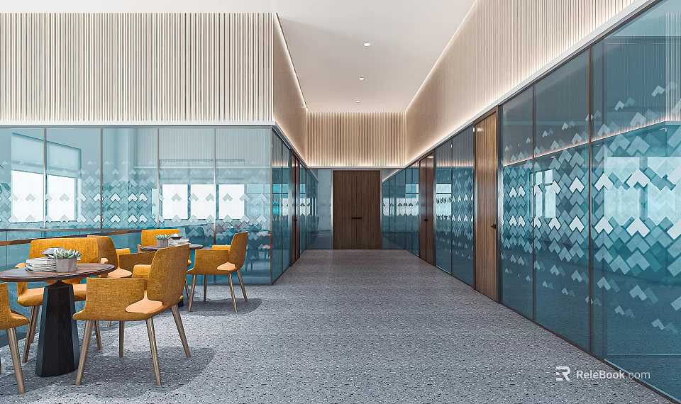 Modern Office Corridor Interior Design With Glass Partitions Wooden Walls Yellow Chairs And Gray Carpet 3d model 