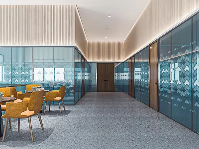 Modern Office Corridor Interior Design With Glass Partitions Wooden Walls Yellow Chairs And Gray Carpet 3d model