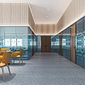 Modern Office Corridor Interior Design With Glass Partitions Wooden Walls Yellow Chairs And Gray Carpet