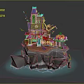 Colorful Cartoon Island Scene With Clock Tower Mushroom House Blue Water And Rocks