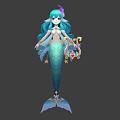 Fantasy Mermaid Character Design With Blue Hair Green Tail And Golden Harp Stars Red Gem