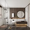 Modern Bathroom Interior With Glass Shower Wall Mounted Toilet Double Sink And Marble Walls