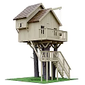 Wooden Tree House Built On Two Trees Featuring Staircase Balcony And Sloped Roof