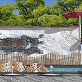 Stone Feature Wall Design With Green Trees Wooden Deck And Seating Area 3d model