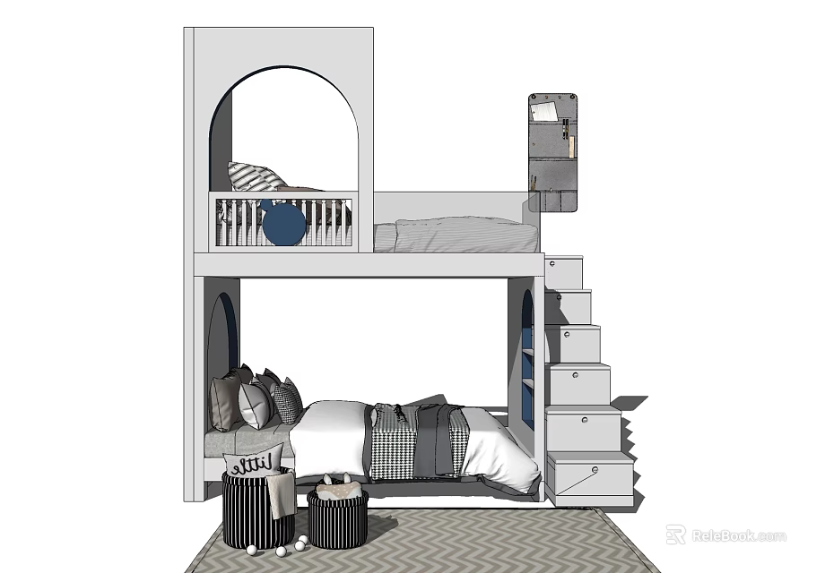 Modern Bunk Bed Design With Upper Lower Beds Stairs Drawers And Stools On Rug 3d model 