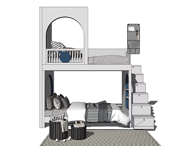 Modern Bunk Bed Design With Upper Lower Beds Stairs Drawers And Stools On Rug 3d model