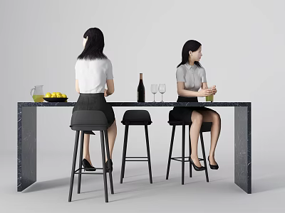 Women Sitting at Black Marble Bar Counter with Fruit Plate Wine Bottle and Glasses 3d model
