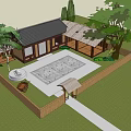 Traditional Chinese Wooden House With Black Tiled Roof Stone Courtyard And Veranda