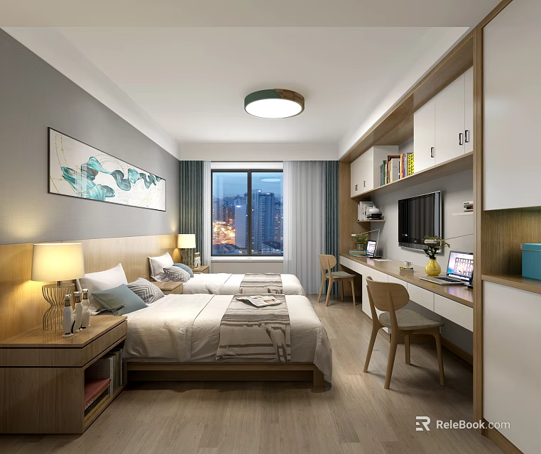 Hotel Guest Room with Twin Beds Large Window City Night View Decorative Painting Desk Chair Table Lamps 3d model 