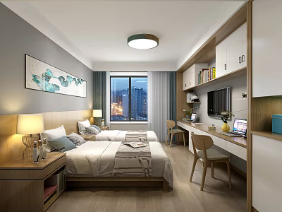 Hotel Guest Room with Twin Beds Large Window City Night View Decorative Painting Desk Chair Table Lamps 3d model