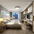 Hotel Guest Room with Twin Beds Large Window City Night View Decorative Painting Desk Chair Table Lamps