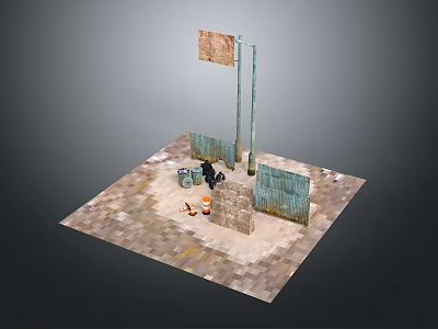 Outdoor Platform Scene With Flagpole Banner Metal Fences And Barrels On Brick Ground 3d model