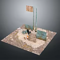 Outdoor Platform Scene With Flagpole Banner Metal Fences And Barrels On Brick Ground
