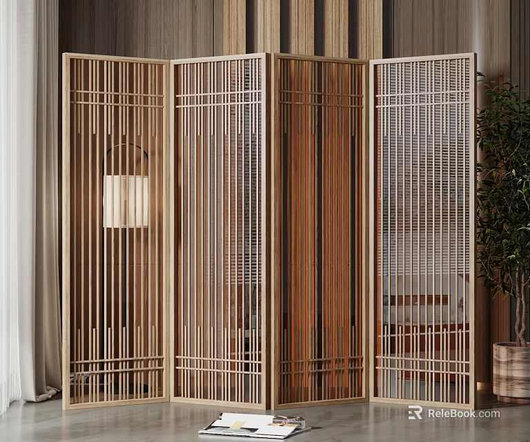 Wooden Slatted Room Divider with Foldable Design for Indoor Living Space 3d model 