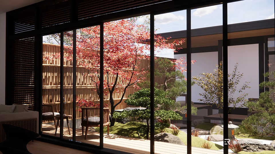 Karesansui Japanese Garden With Red Maple Tree Pine Stones Moss Glass Windows And Wooden Screen 3d model 