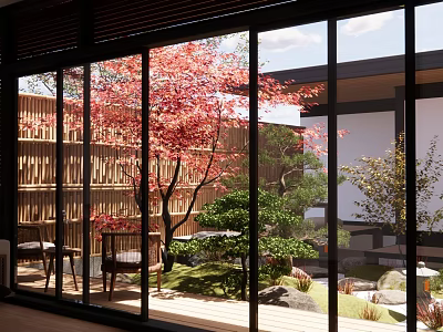 Karesansui Japanese Garden With Red Maple Tree Pine Stones Moss Glass Windows And Wooden Screen 3d model