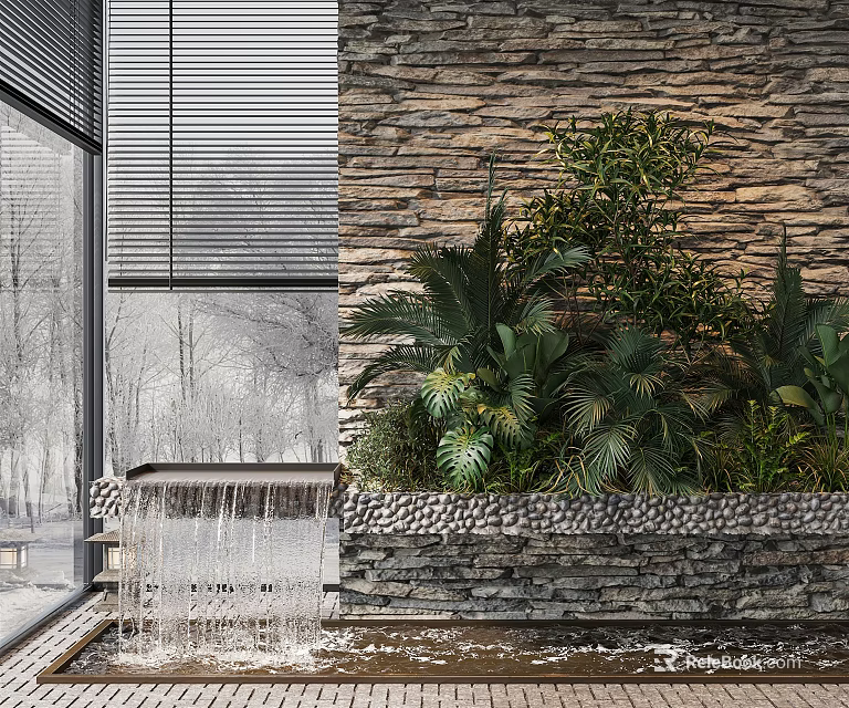 Garden Feature With Stone Wall Flowing Water Louvered Window And Lush Greenery 3d model 