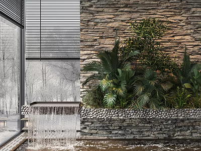 Garden Feature With Stone Wall Flowing Water Louvered Window And Lush Greenery 3d model