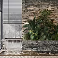 Garden Feature With Stone Wall Flowing Water Louvered Window And Lush Greenery