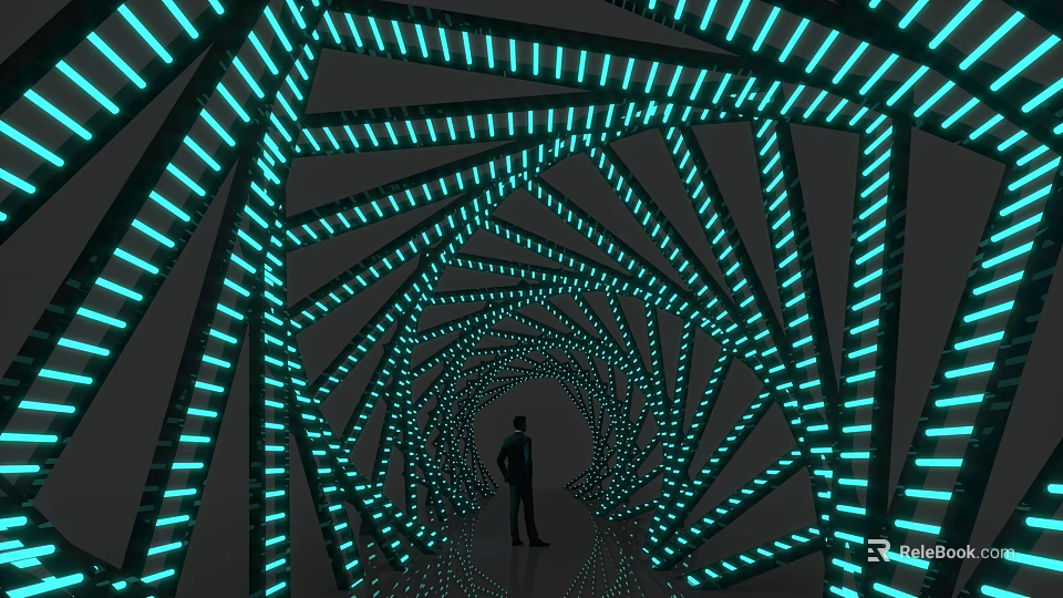 Modern Office Corridor With Teal Neon Lights Geometric Patterns And Silhouette Person 3d model 