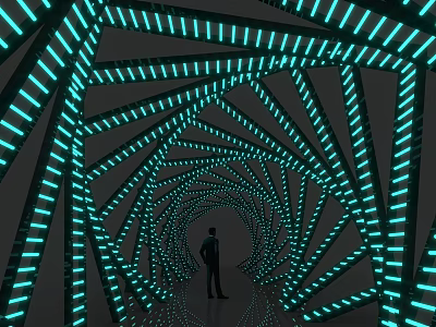 Modern Office Corridor With Teal Neon Lights Geometric Patterns And Silhouette Person 3d model