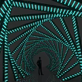 Modern Office Corridor With Teal Neon Lights Geometric Patterns And Silhouette Person
