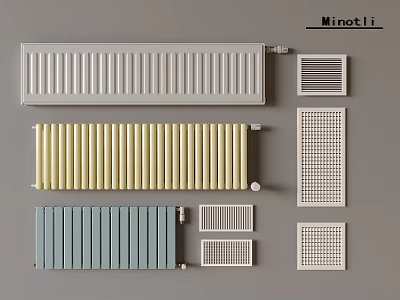 Minot Li Radiators Featuring White Yellow Blue Colors and Various Panel Vents 3d model