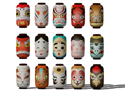 Traditional Chinese Decorative Lanterns With Colorful Facial Patterns And Assorted Designs 3d model