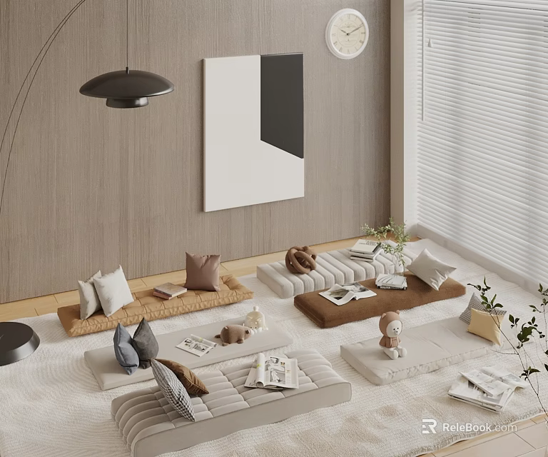 Japanese Style Living Room With Floor Cushions And Decor 3d model 