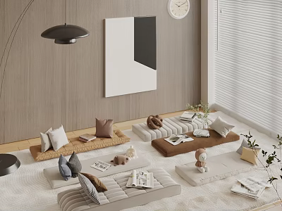 Japanese Style Living Room With Floor Cushions And Decor 3d model