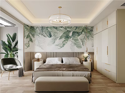 Modern Bedroom Interior With Green Tropical Leaf Wallpaper Chandelier Bedside Tables And Bench 3d model