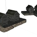 Group of Rustic Wooden Cabins with Stone Base and Elevated Platforms 3d model