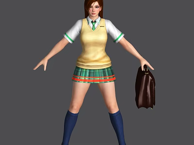 Game Movie Character In Yellow Vest White Shirt Green Plaid Skirt Holding Brown Bag 3d model