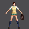 Game Movie Character In Yellow Vest White Shirt Green Plaid Skirt Holding Brown Bag